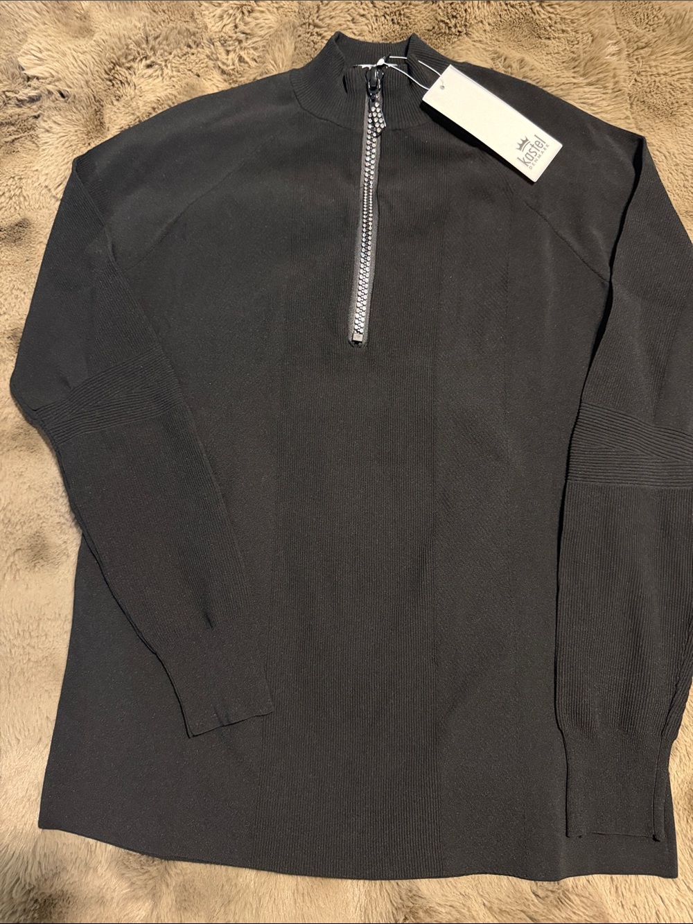 Black Crystal Zipper Ribbed Mock Neck Sweater